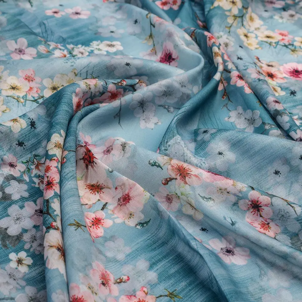 Periwinkle Floral Spring Flower Digital Printed Fabric - Kora Silk - Image 3