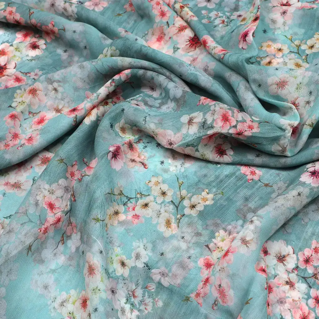 Periwinkle Floral Spring Flower Digital Printed Fabric - Pure Georgette - Image 3