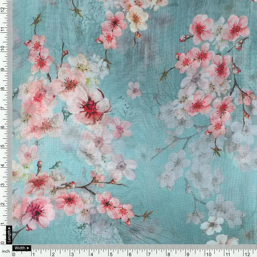Periwinkle Floral Spring Flower Digital Printed Fabric - Pure Georgette - Image 4