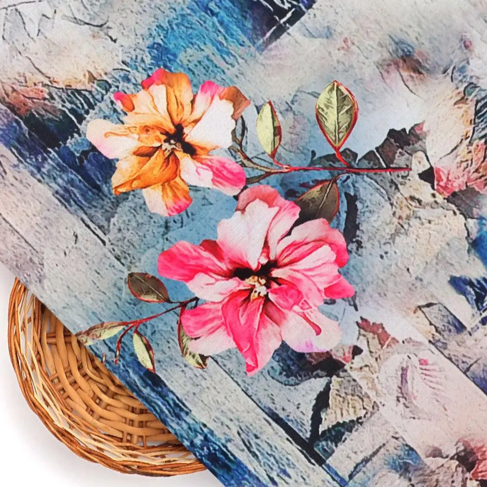 Periwinkle Flower Paper Art Digital Printed Fabric - Rayon - Image 2