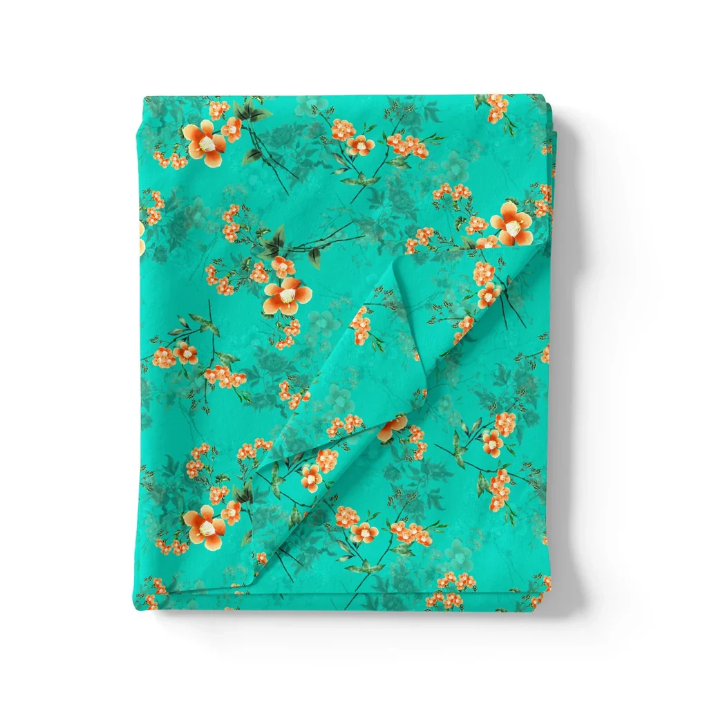 Persimmon Leaves With  Orange Violet Flower Digital Printed Fabric - Image 3