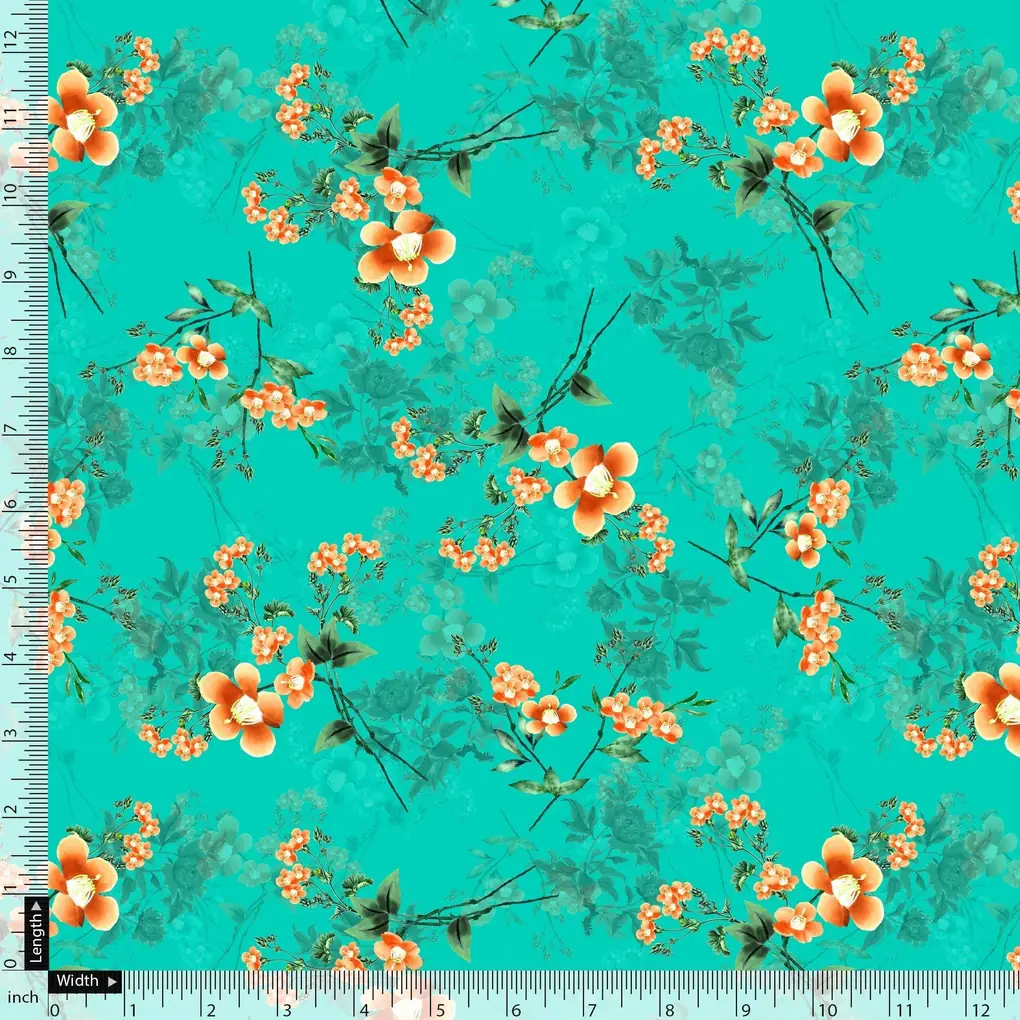Persimmon Leaves With  Orange Violet Flower Digital Printed Fabric - Image 4