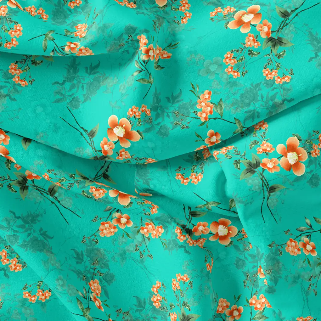 Persimmon Leaves With  Orange Violet Flower Digital Printed Fabric - Pure Cotton - Image 4