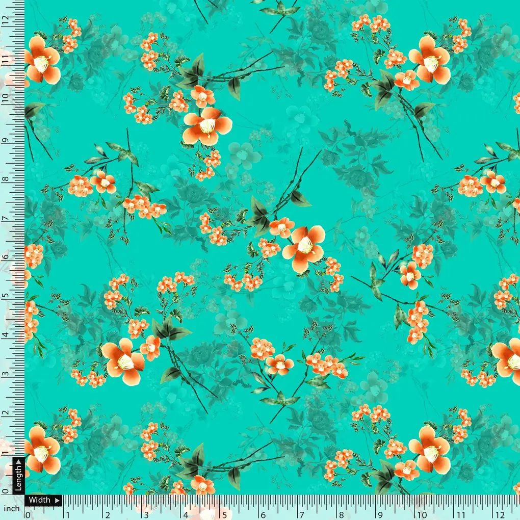 Persimmon Leaves With  Orange Violet Flower Digital Printed Fabric - Pure Cotton - Image 5