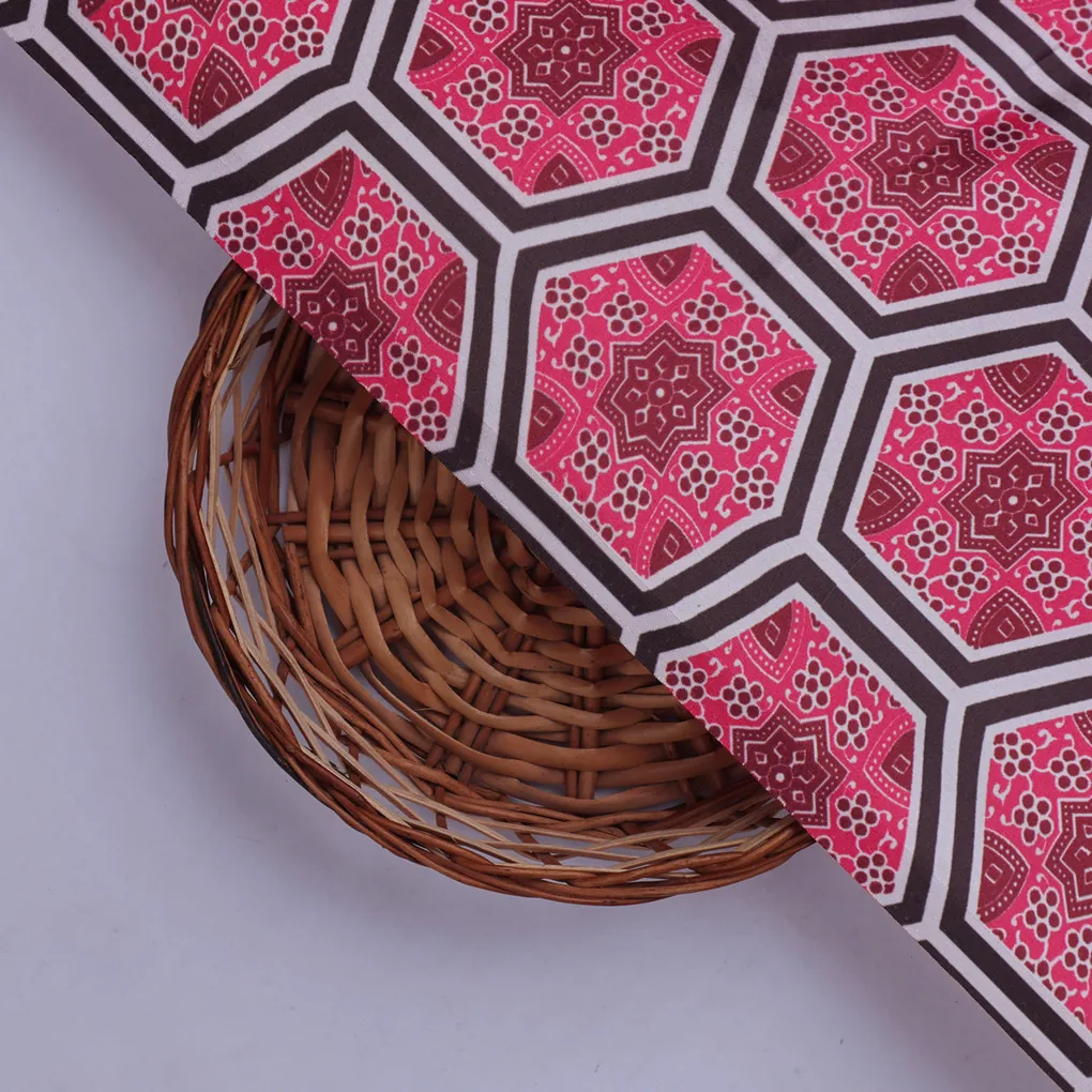 Pink and Black Hexagon Pattern Printed Japan Satin Fabric - Image 2