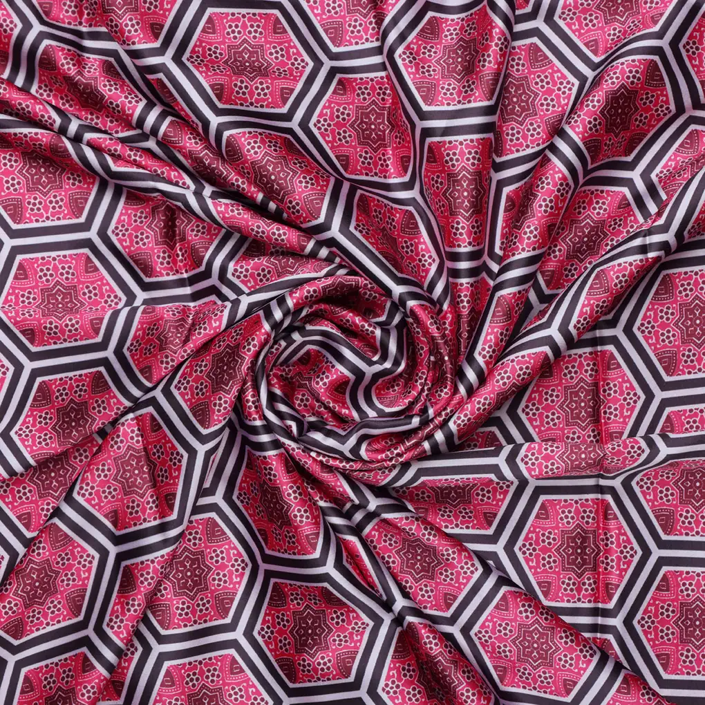 Pink and Black Hexagon Pattern Printed Japan Satin Fabric - Image 3
