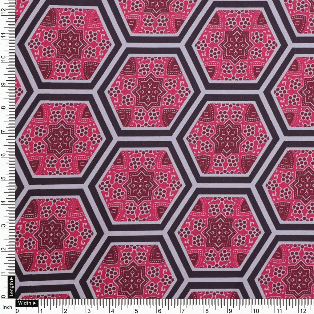 Pink and Black Hexagon Pattern Printed Japan Satin Fabric - Image 4