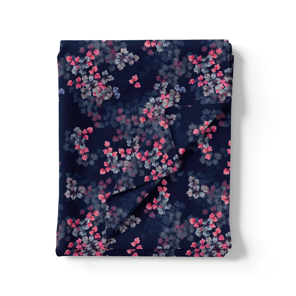 Pink And Gray Leaves With Blue Background Digital Printed Fabric - Image 3