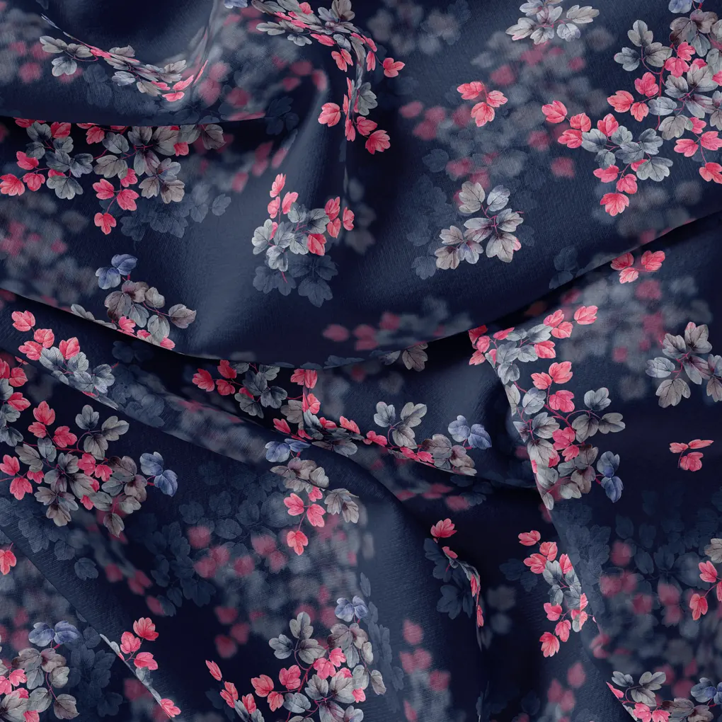 Pink And Gray Leaves With Blue Background Digital Printed Fabric - Image 4