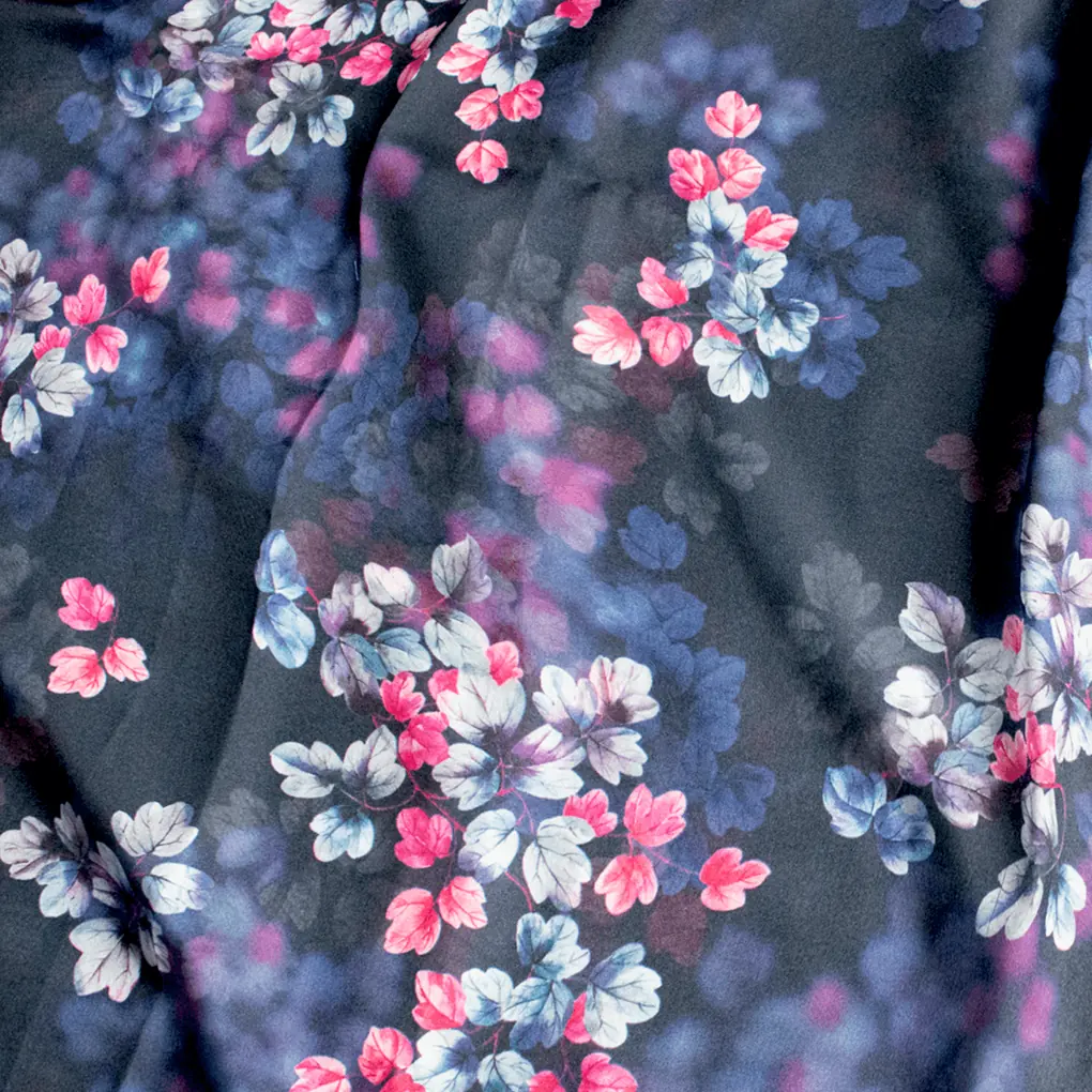 Pink And Gray Leaves With Blue Background Digital Printed Fabric - Organza - Image 3