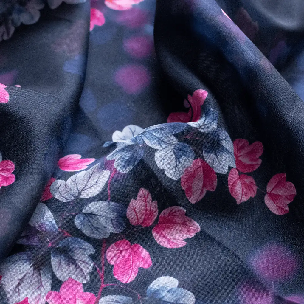 Pink And Gray Leaves With Blue Background Digital Printed Fabric - Organza - Image 4