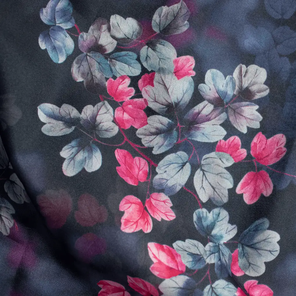 Pink And Gray Leaves With Blue Background Digital Printed Fabric - Organza - Image 5