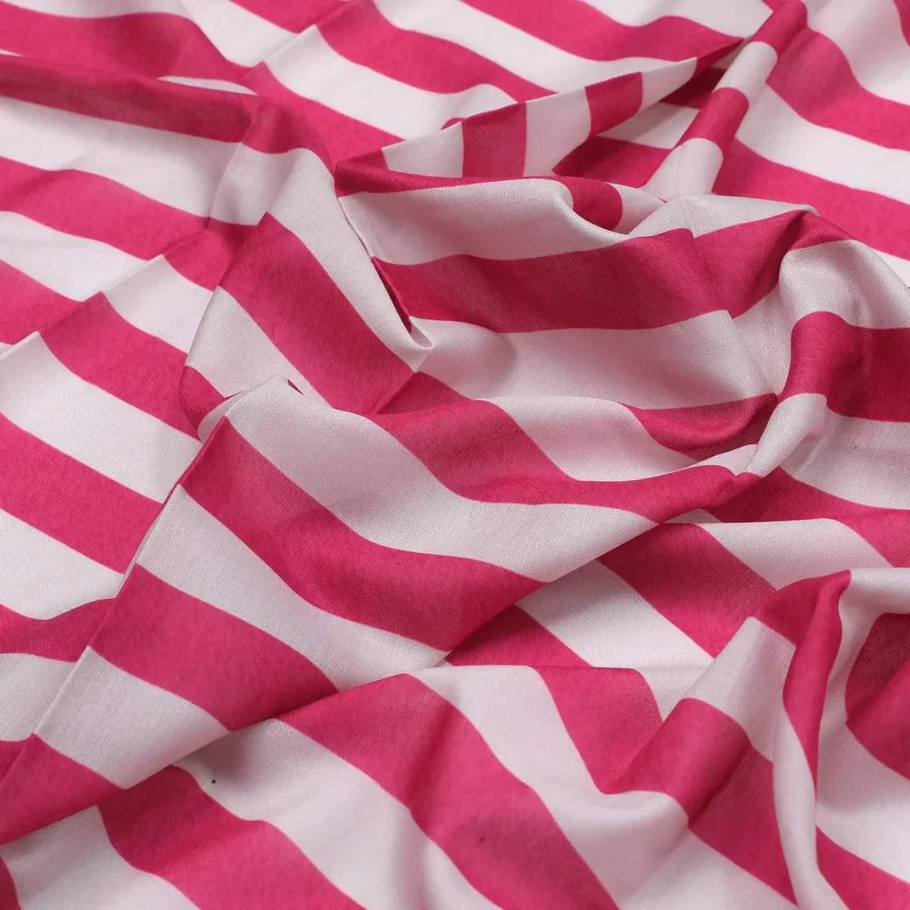 Pink And Offwhite Stripe Combo Digital Printed Fabric  - Muslin - Image 3