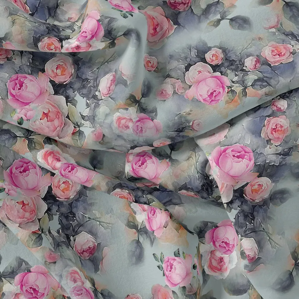 Pink And Peach Rose Allover Digital Printed Fabric - Image 3