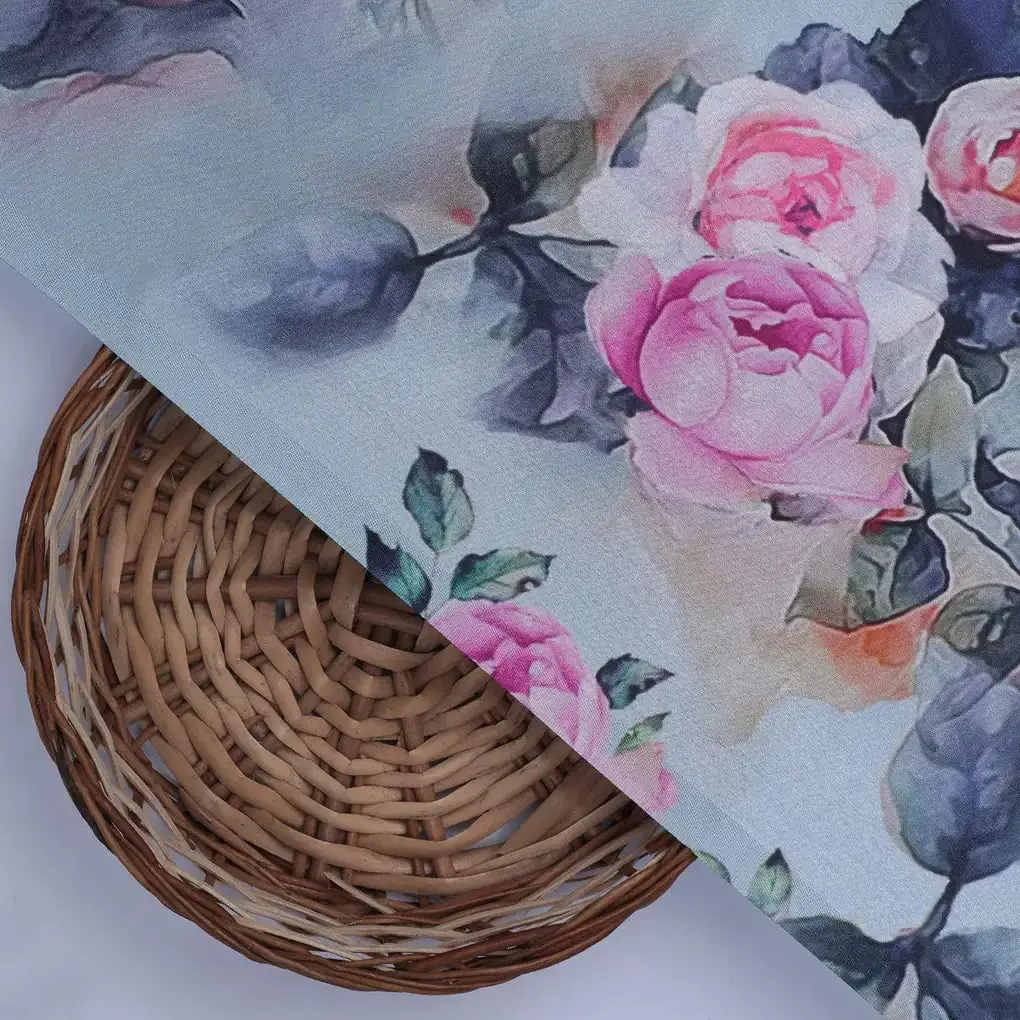Pink And Peach Rose Allover Digital Printed Fabric - Japan Satin - Image 2