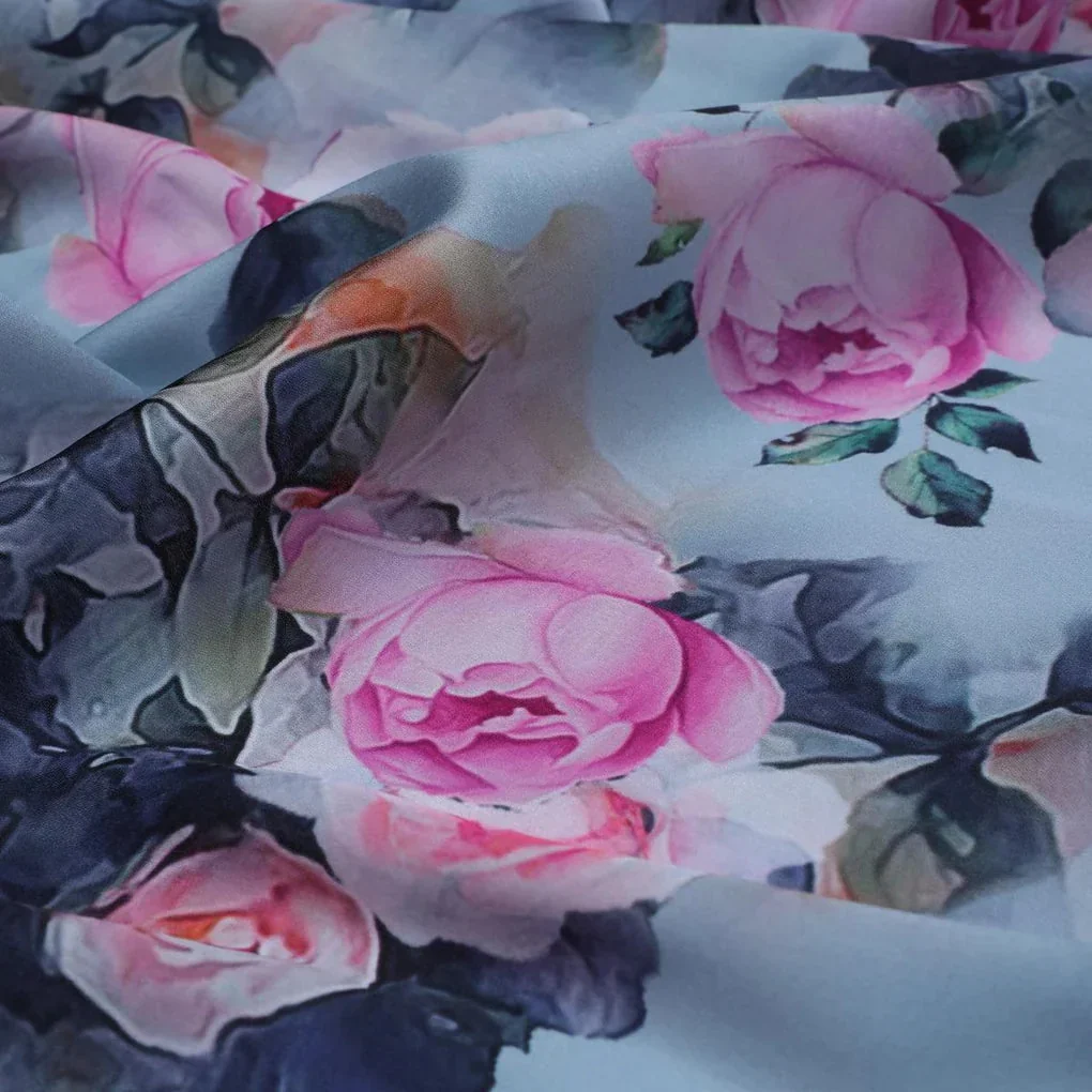 Pink And Peach Rose Allover Digital Printed Fabric - Japan Satin - Image 3