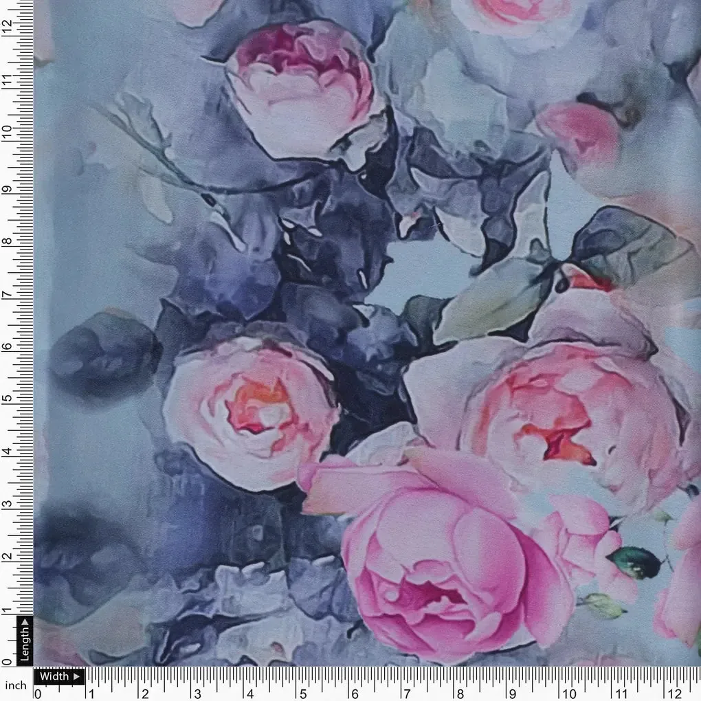 Pink And Peach Rose Allover Digital Printed Fabric - Japan Satin - Image 4