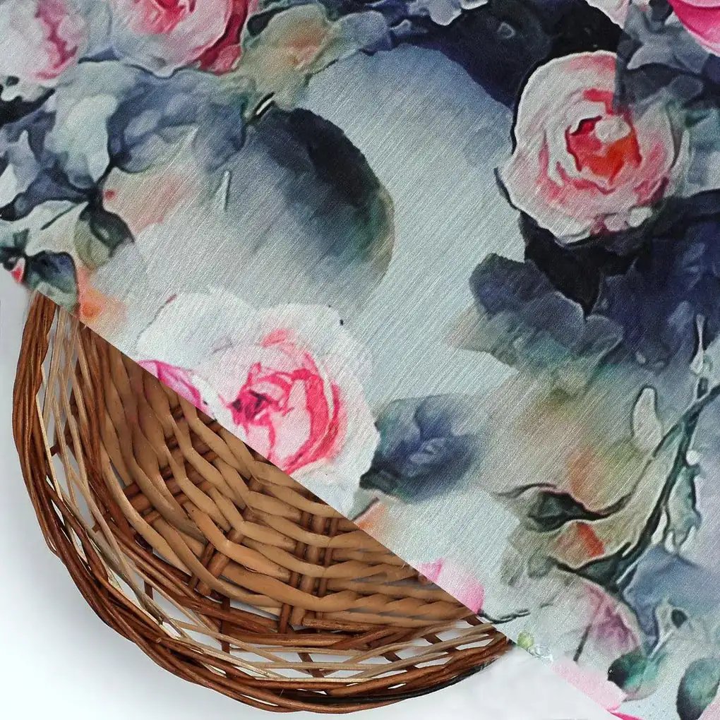 Pink And Peach Rose Allover Digital Printed Fabric - Kora Silk - Image 2