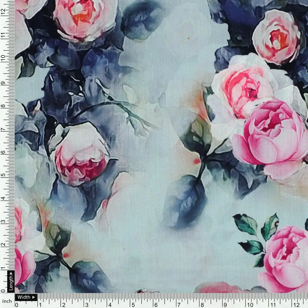 Pink And Peach Rose Allover Digital Printed Fabric - Kora Silk - Image 4