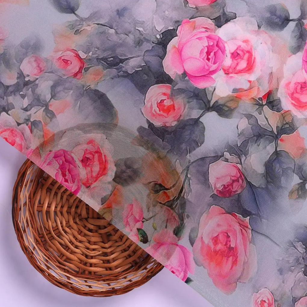 Pink And Peach Rose Allover Digital Printed Fabric - Pure Georgette - Image 2