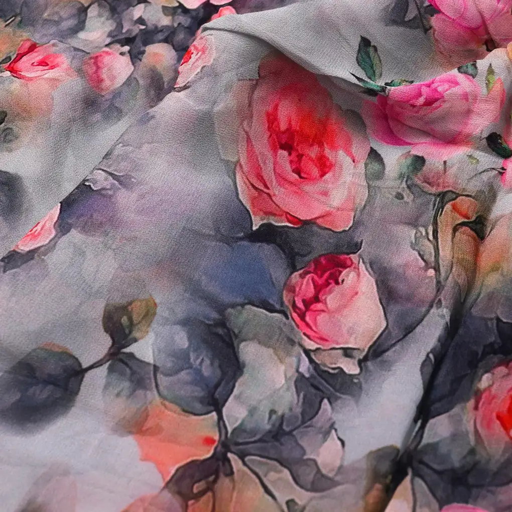 Pink And Peach Rose Allover Digital Printed Fabric - Pure Georgette - Image 3