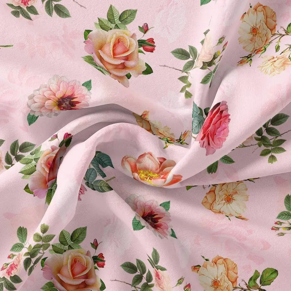 Pink And Peach Roses Allover Digital Printed Fabric - Pure Muslin - Image 3