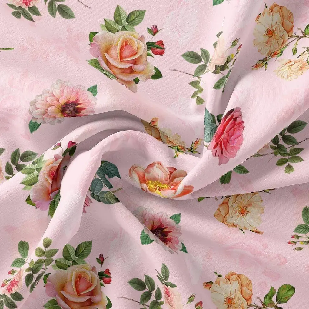 Pink And Peach Roses Allover Digital Printed Fabric - Rayon - Image 3