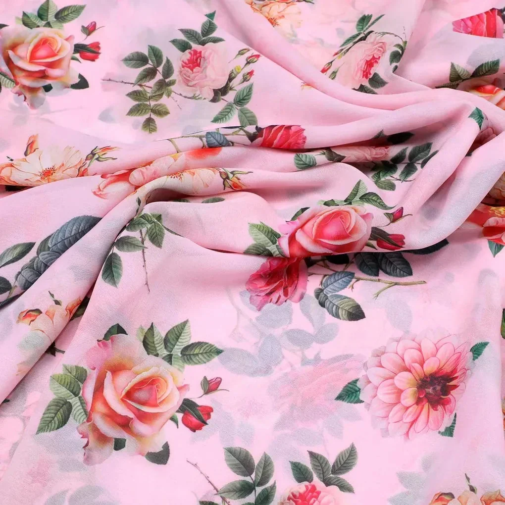 Pink And Peach Roses Allover Digital Printed Fabric - Weightless - Image 3