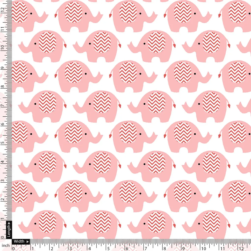 Pink and White Muslin Printed Fabric with Quirky Elephant Prints for Kids - Image 3