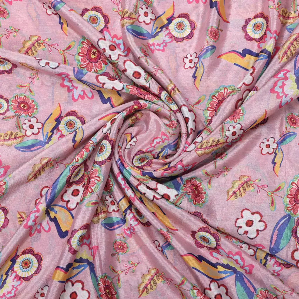 Pink Bohemian Floral & Bird Motif Printed Chinon Fabric - Image 2