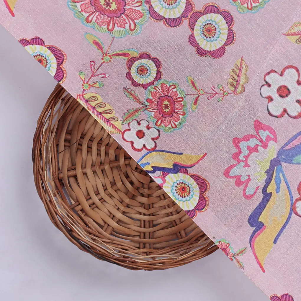 Pink Bohemian Floral & Bird Motif Printed Chinon Fabric - Image 3