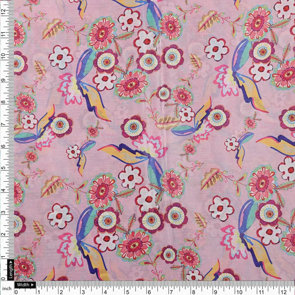 Pink Bohemian Floral & Bird Motif Printed Chinon Fabric - Image 4