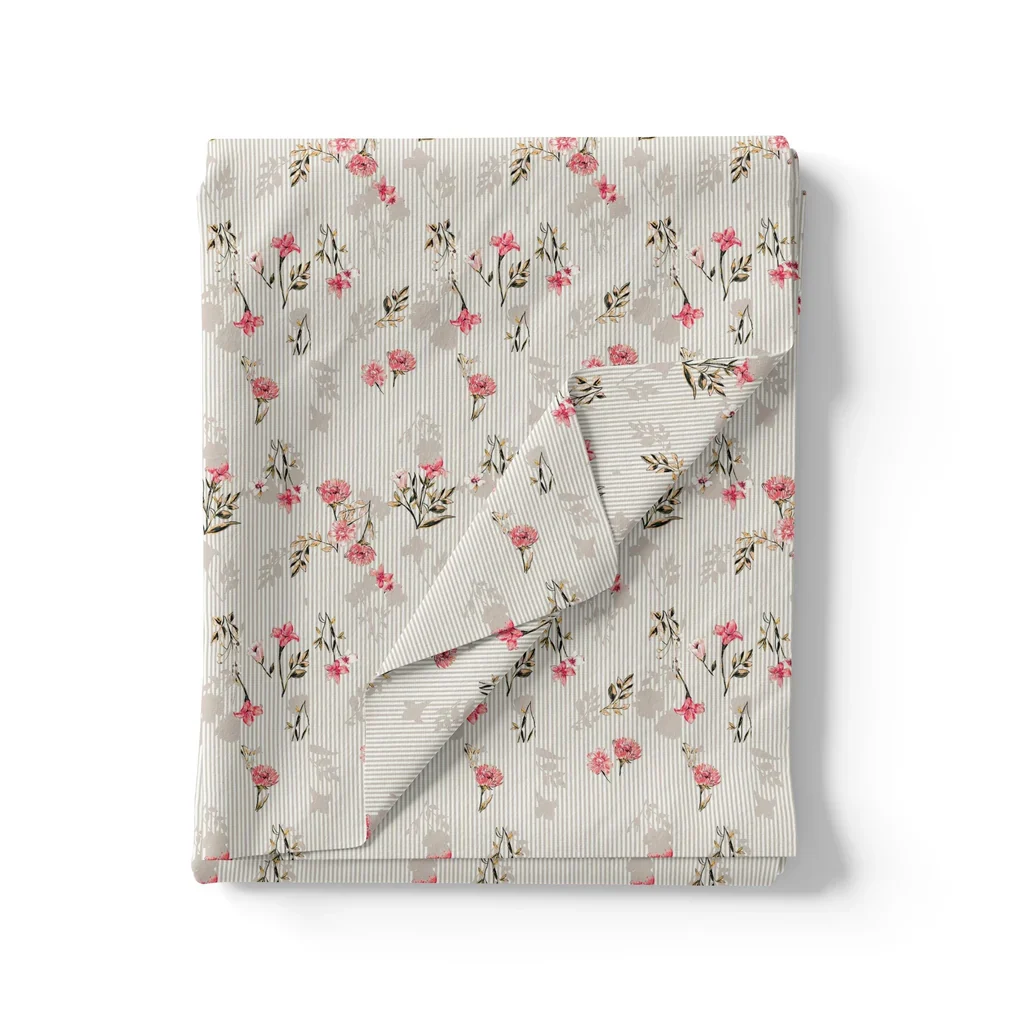 Pink Botanical Flower With Leaves Digital Printed Fabric - Image 3