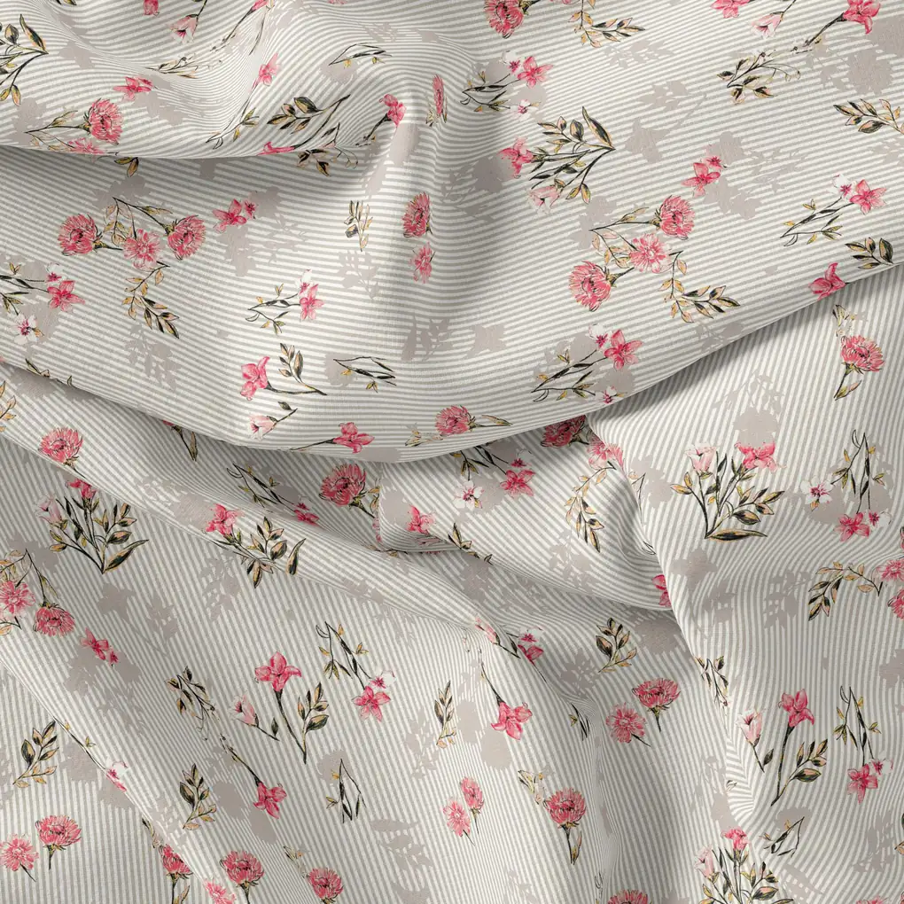 Pink Botanical Flower With Leaves Digital Printed Fabric - Image 4