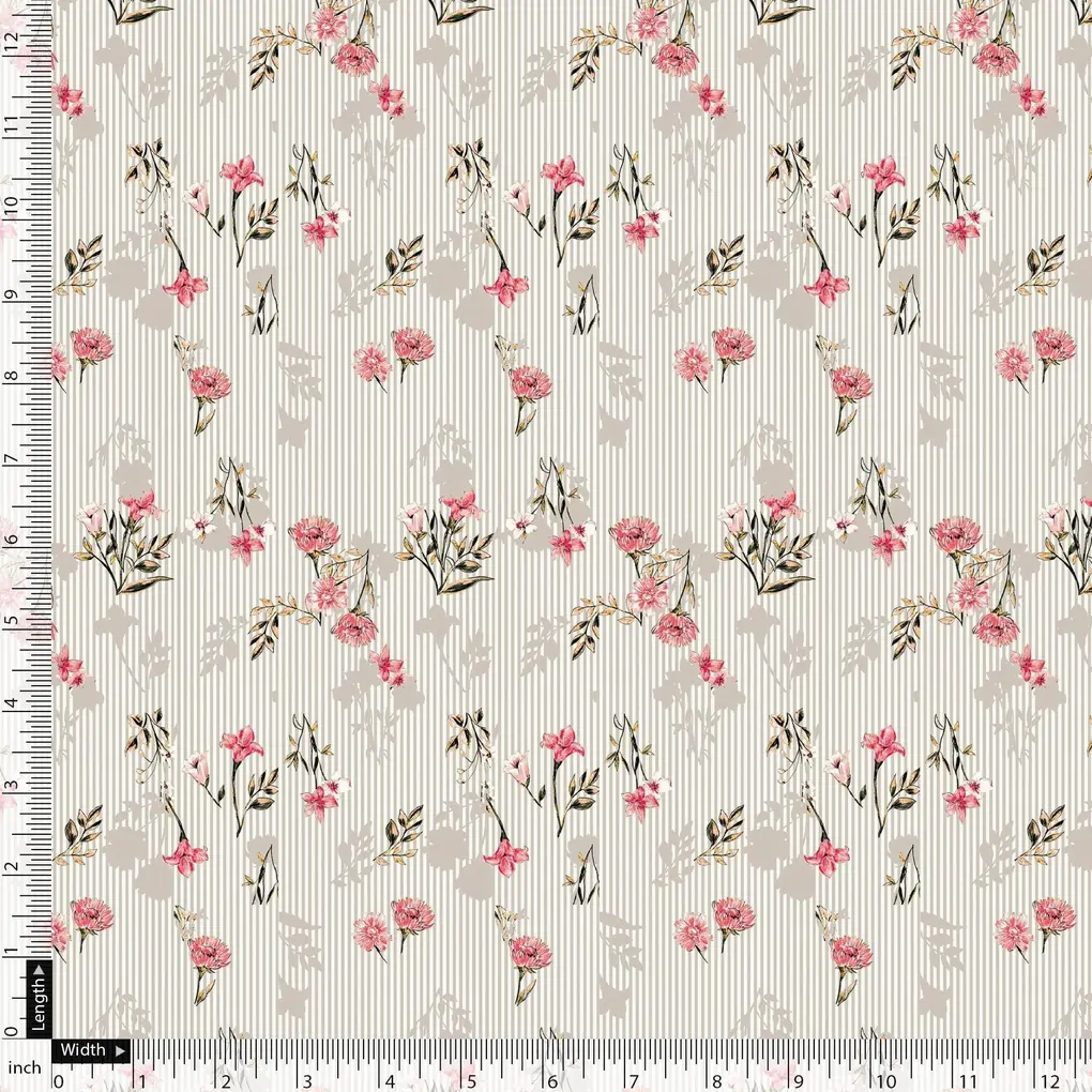 Pink Botanical Flower With Leaves Digital Printed Fabric - Image 5