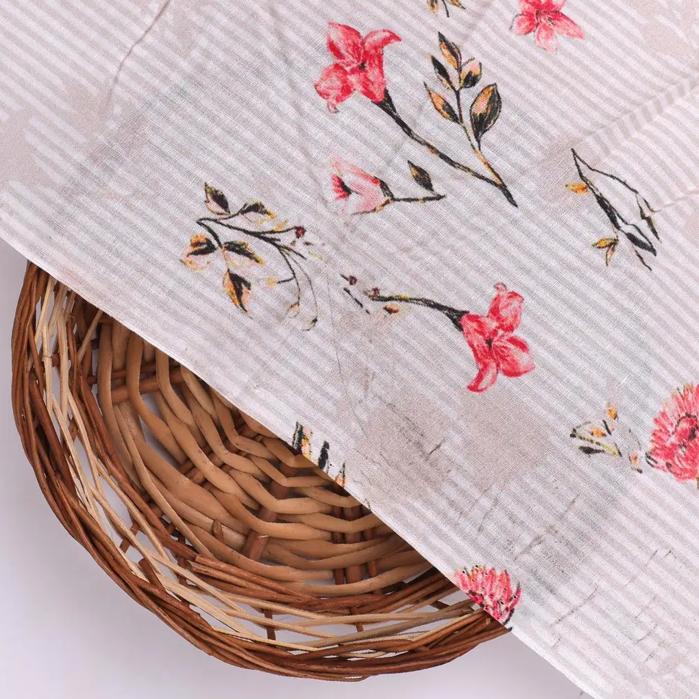 Pink Botanical Flower With Leaves Digital Printed Fabric - Pure Cotton - Image 2