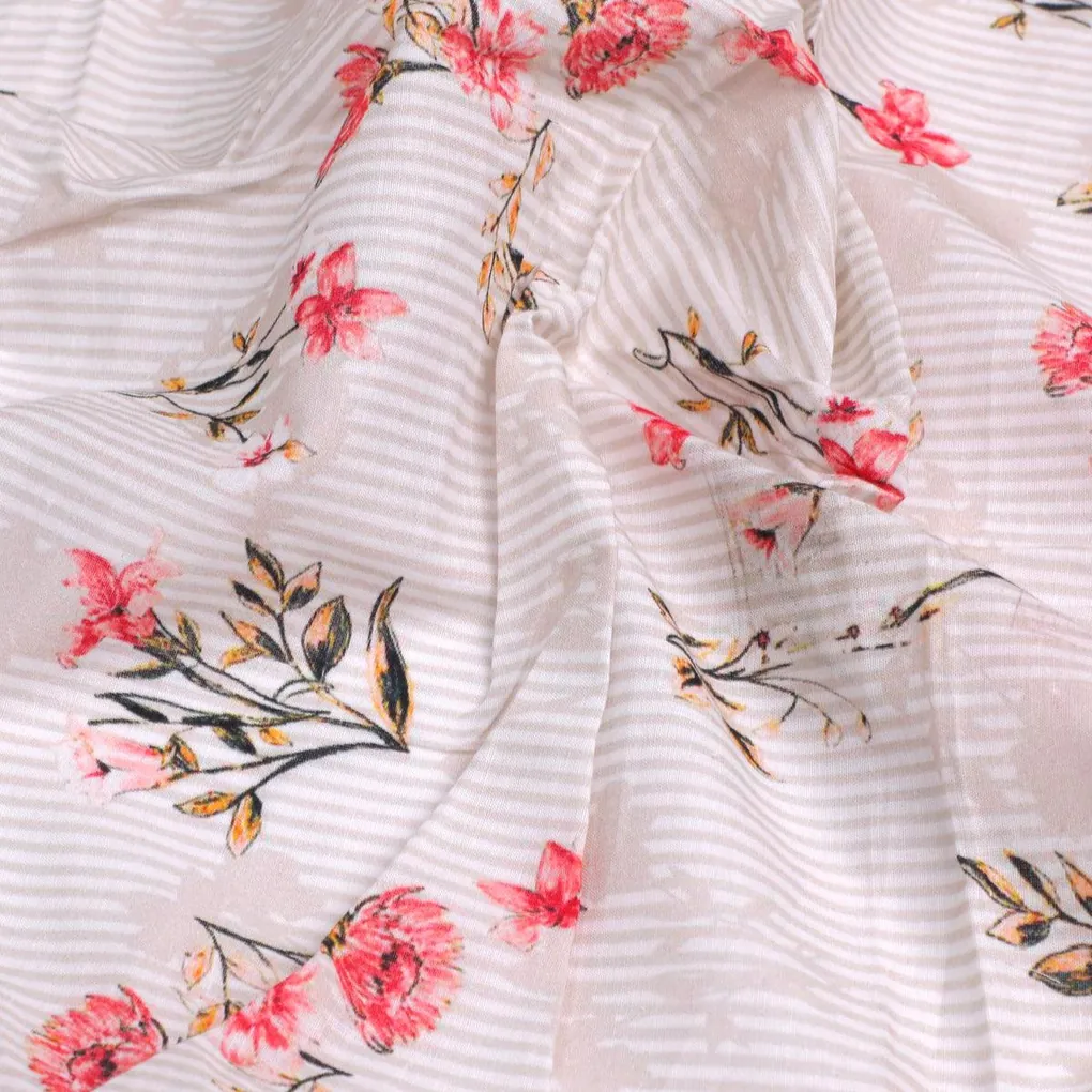 Pink Botanical Flower With Leaves Digital Printed Fabric - Pure Cotton - Image 3