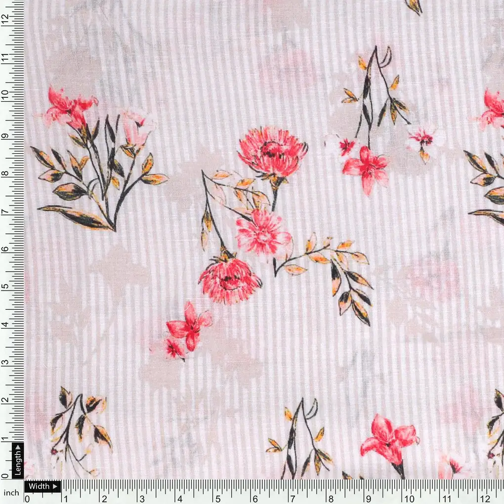 Pink Botanical Flower With Leaves Digital Printed Fabric - Pure Cotton - Image 4