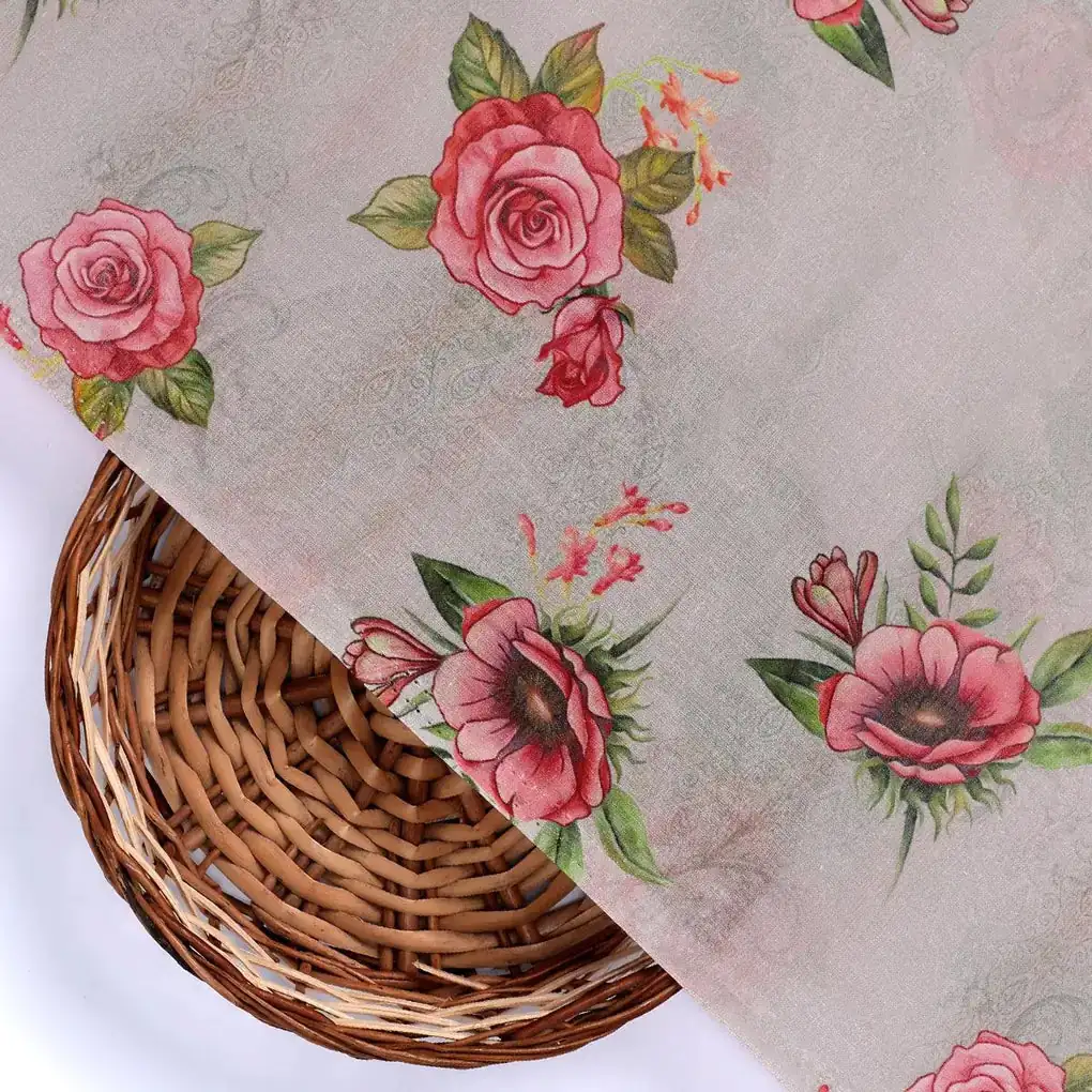 Pink Buttercup Flower Bunch Digital Printed Fabric - Pure Cotton - Image 2