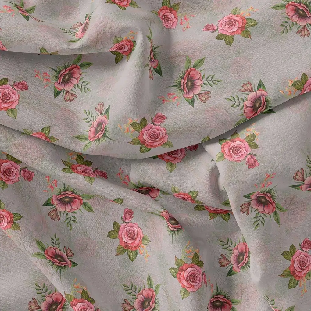 Pink Buttercup Flower Bunch Digital Printed Fabric - Rayon - Image 3