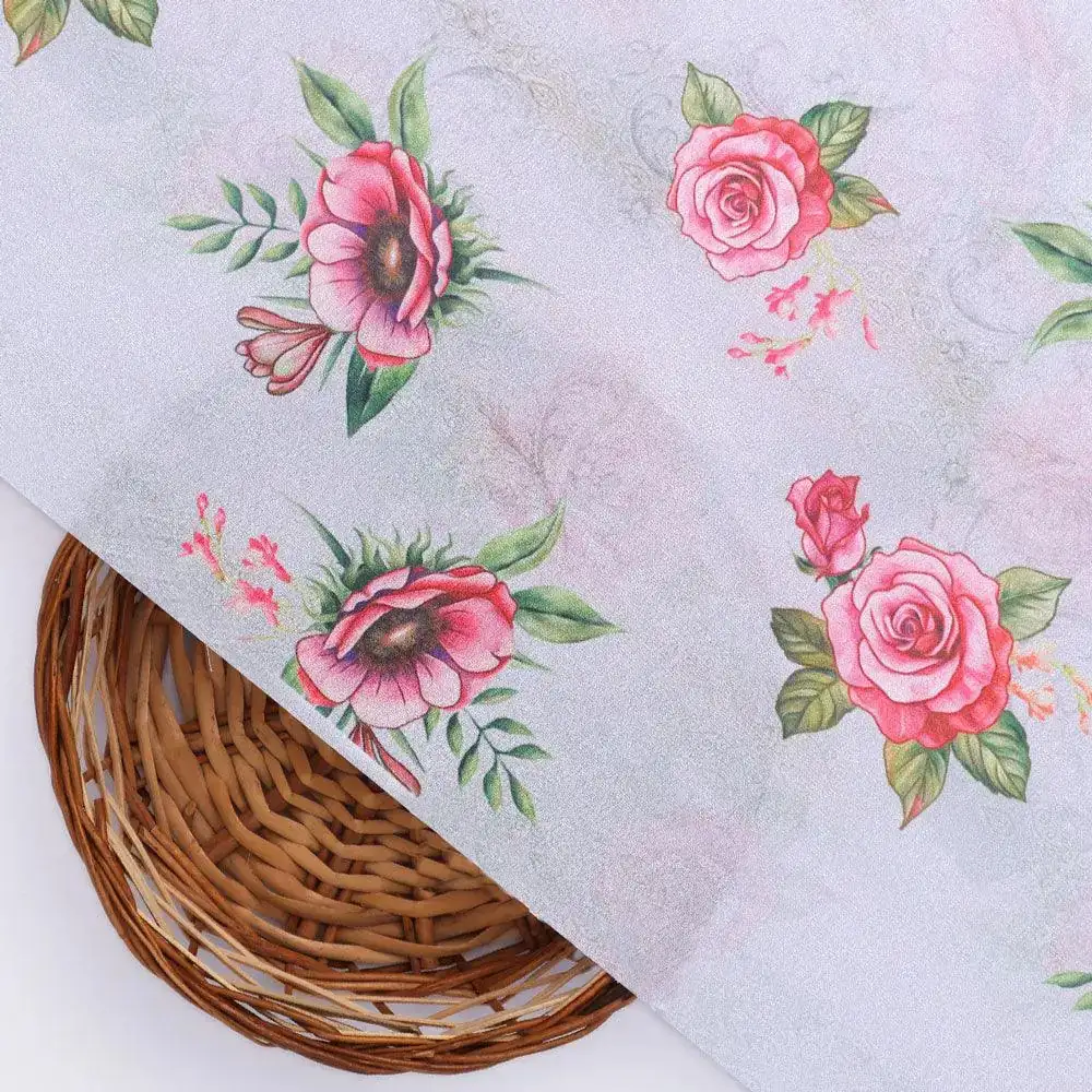 Pink Buttercup Flower Bunch Digital Printed Fabric - Crepe - Image 2