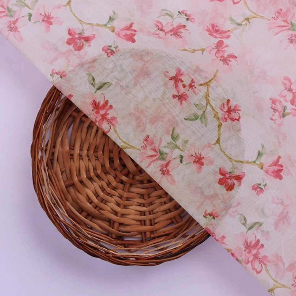 Pink Cherry Blossom Floral Printed Organza Fabric - Image 3