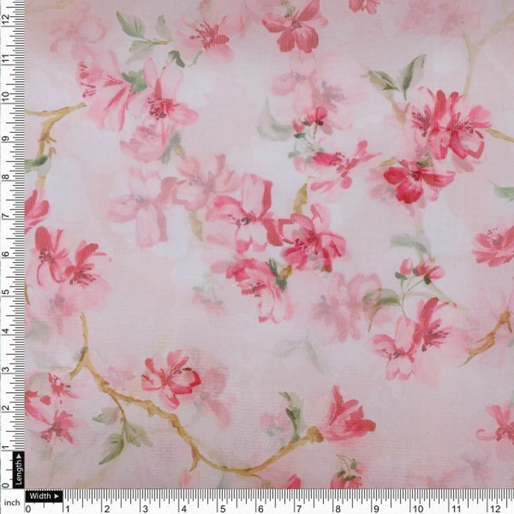 Pink Cherry Blossom Floral Printed Organza Fabric - Image 4