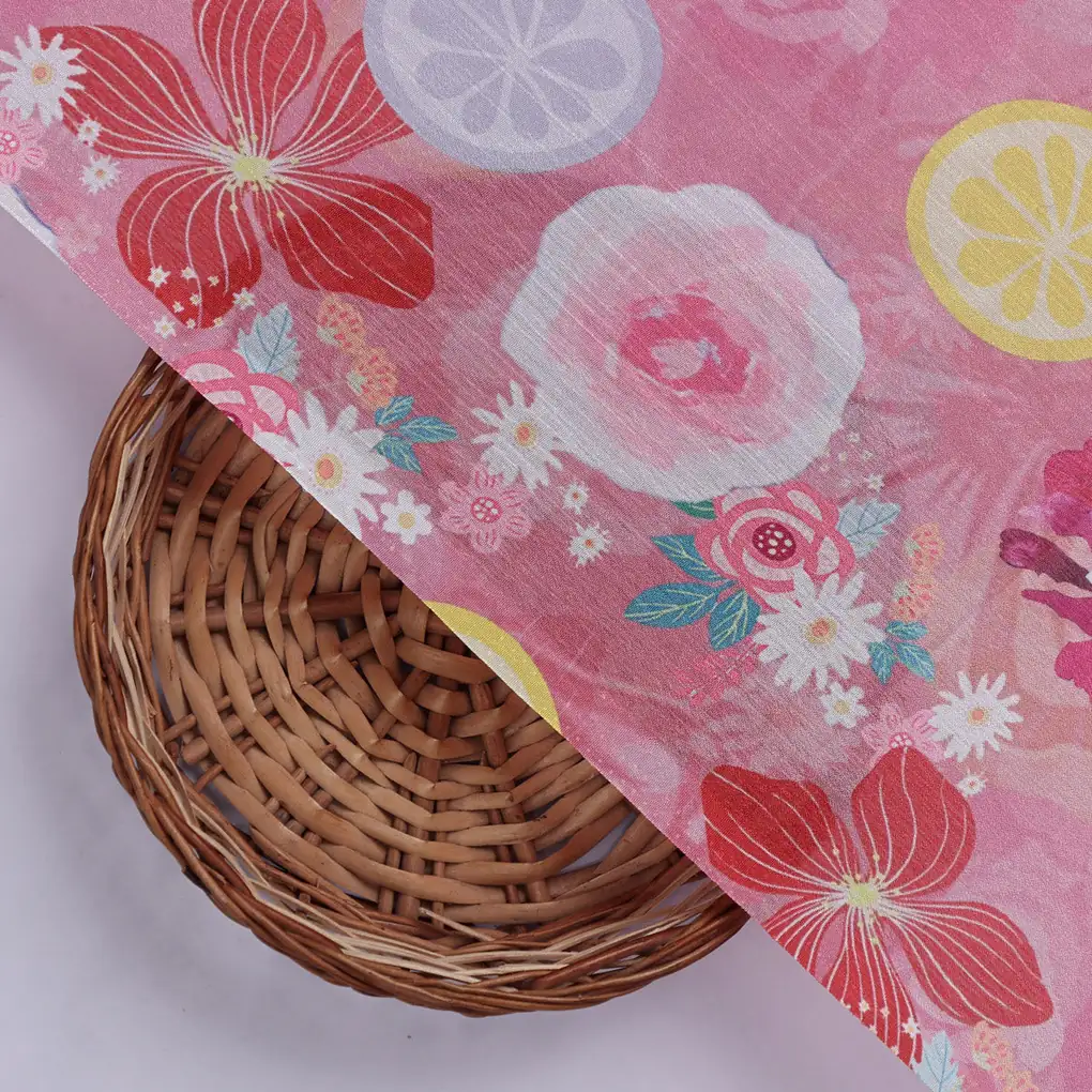 Pink Floral and Lemon Print Shimmery Chinon Fabric - Image 2
