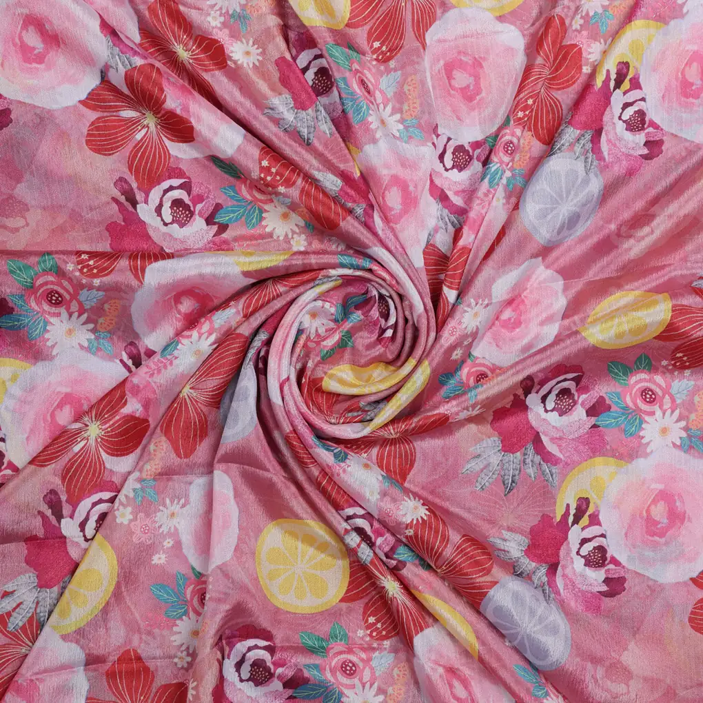 Pink Floral and Lemon Print Shimmery Chinon Fabric - Image 3