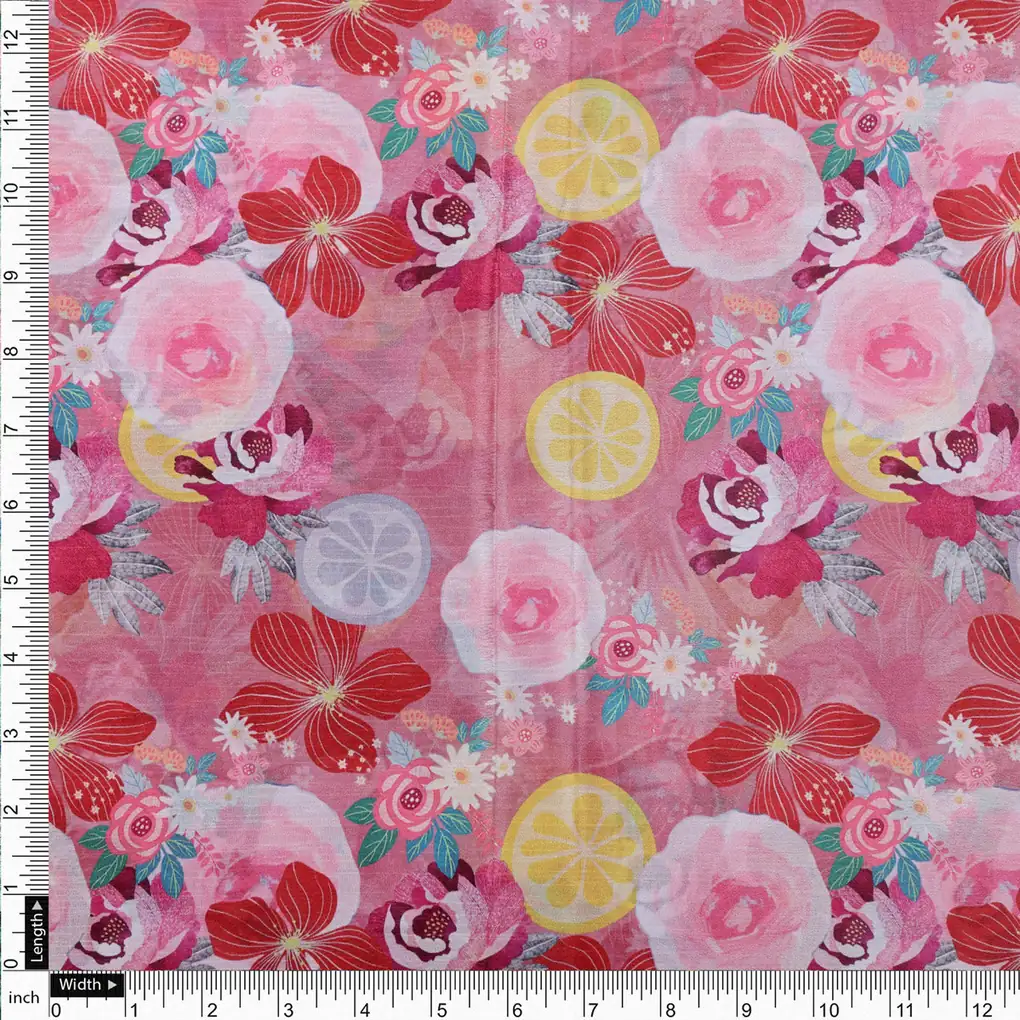 Pink Floral and Lemon Print Shimmery Chinon Fabric - Image 4