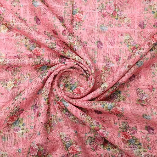 Pink Floral Grid Printed Linen Fabric - Image 2