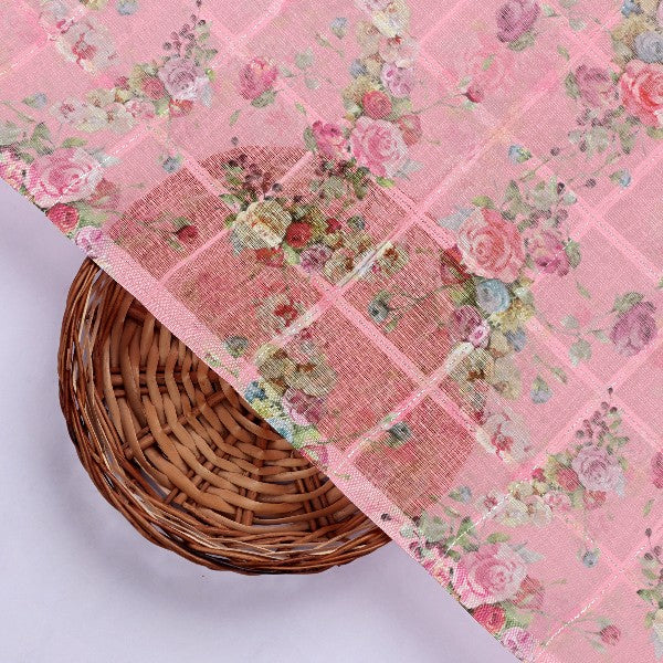 Pink Floral Grid Printed Linen Fabric - Image 3