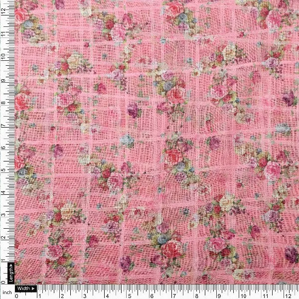 Pink Floral Grid Printed Linen Fabric - Image 4