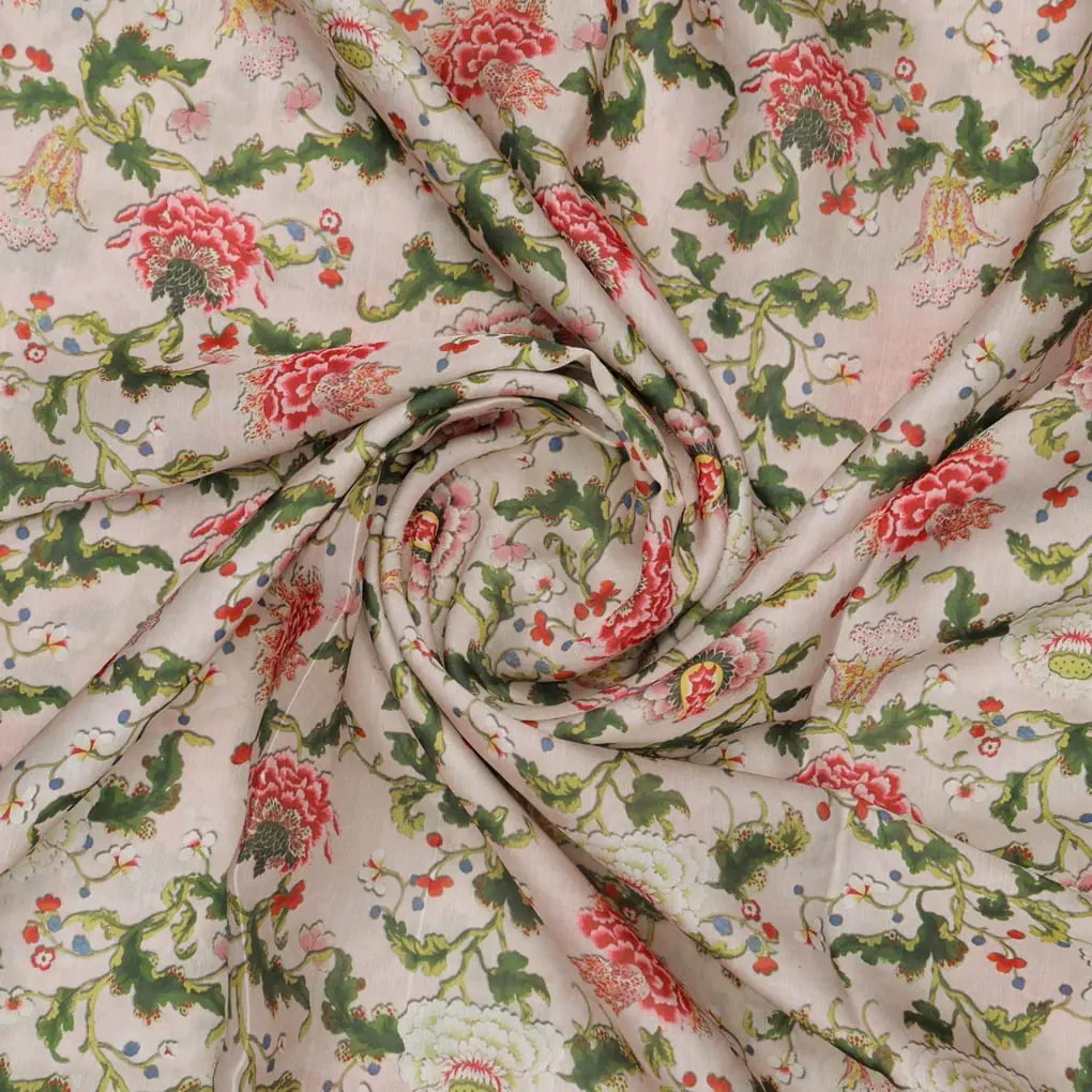 Pink Floral Linen Satin Fabric - Image 2